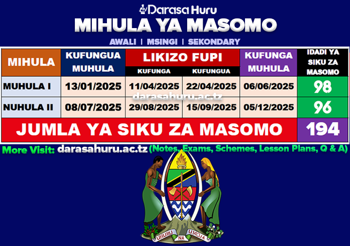 Mihula Ya Masomo 2025/2026 PDF - Awali, Msingi na Sekondari