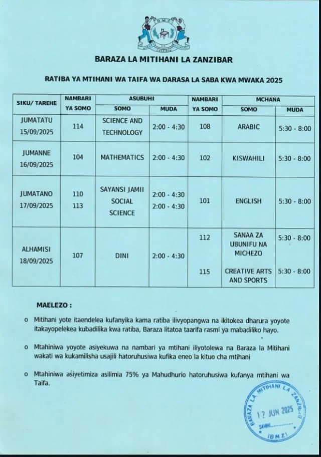Zanzibar PSLE Exam Timetable 2025
