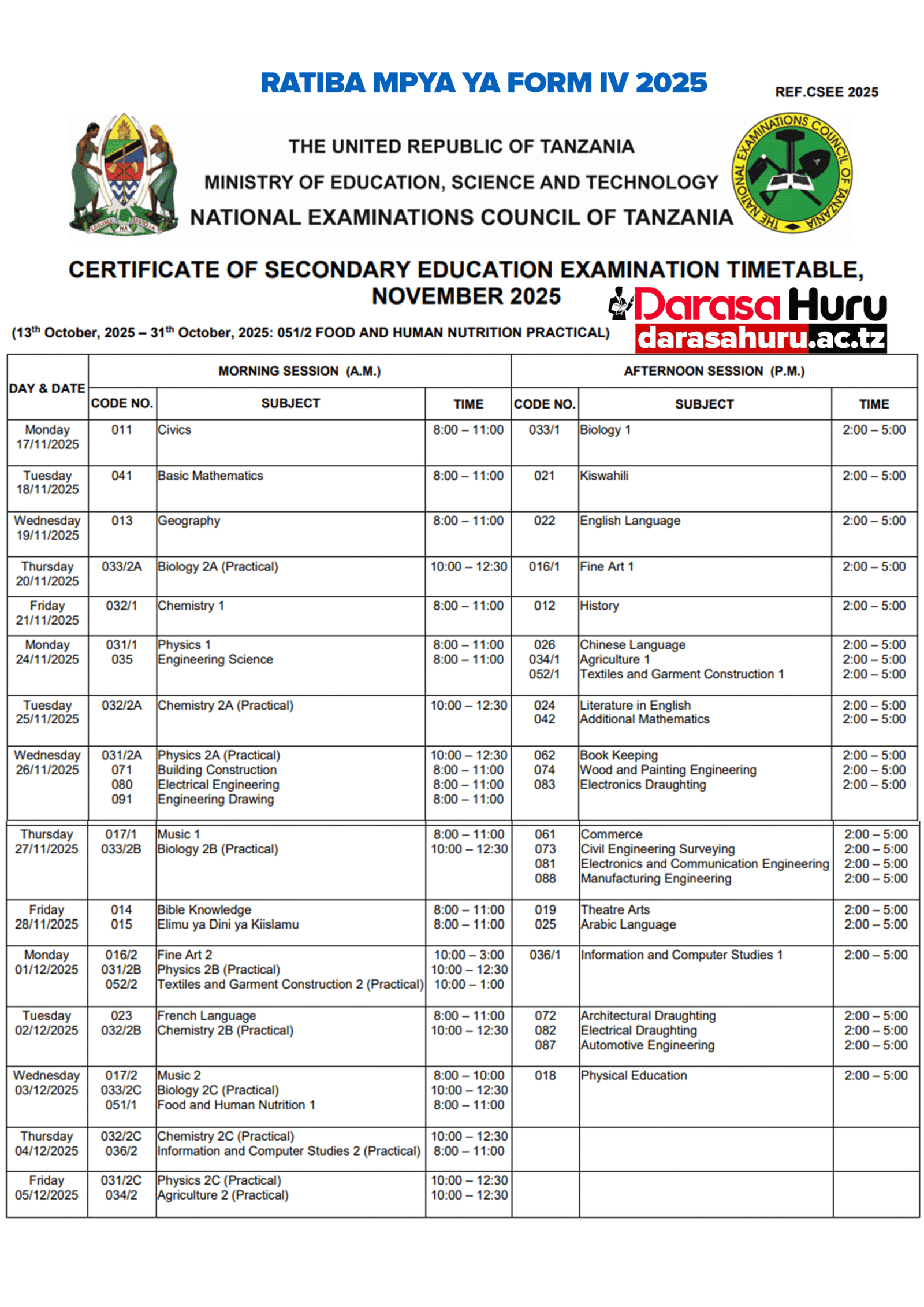 CSEE EXAM TIME TABLE II 2025 scaled