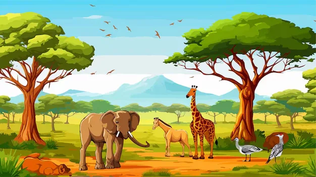 Imagine a picture showing various animals in a natural setting