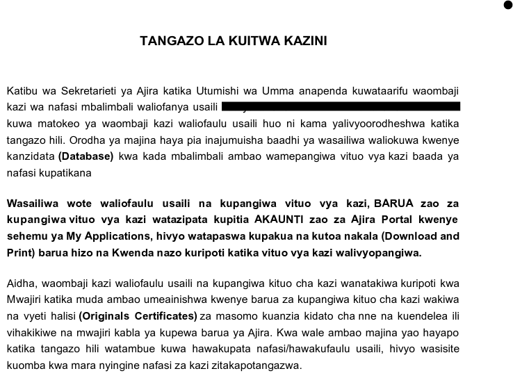 KUITWA KAZINI ZINGATIA