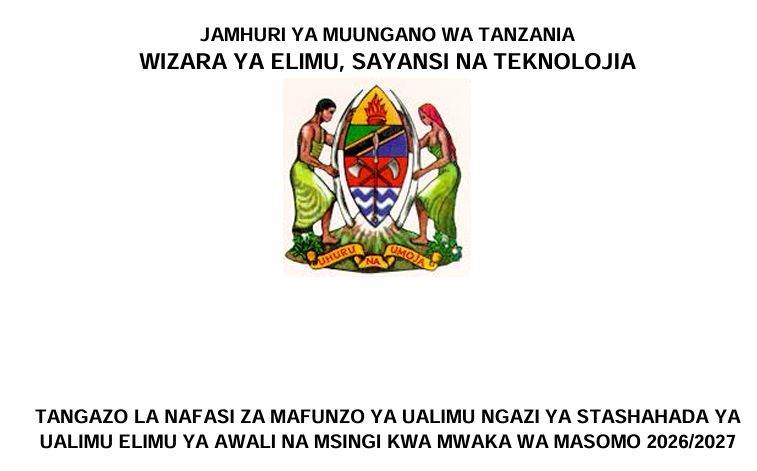 NAFASI ZA MAFUNZO YA UALIMU 2026/2027