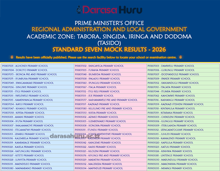 TASIDO STANDARD SEVEN MOCK RESULTS - 2026 – TABORA, SINGIDA, IRINGA AND DODOMA